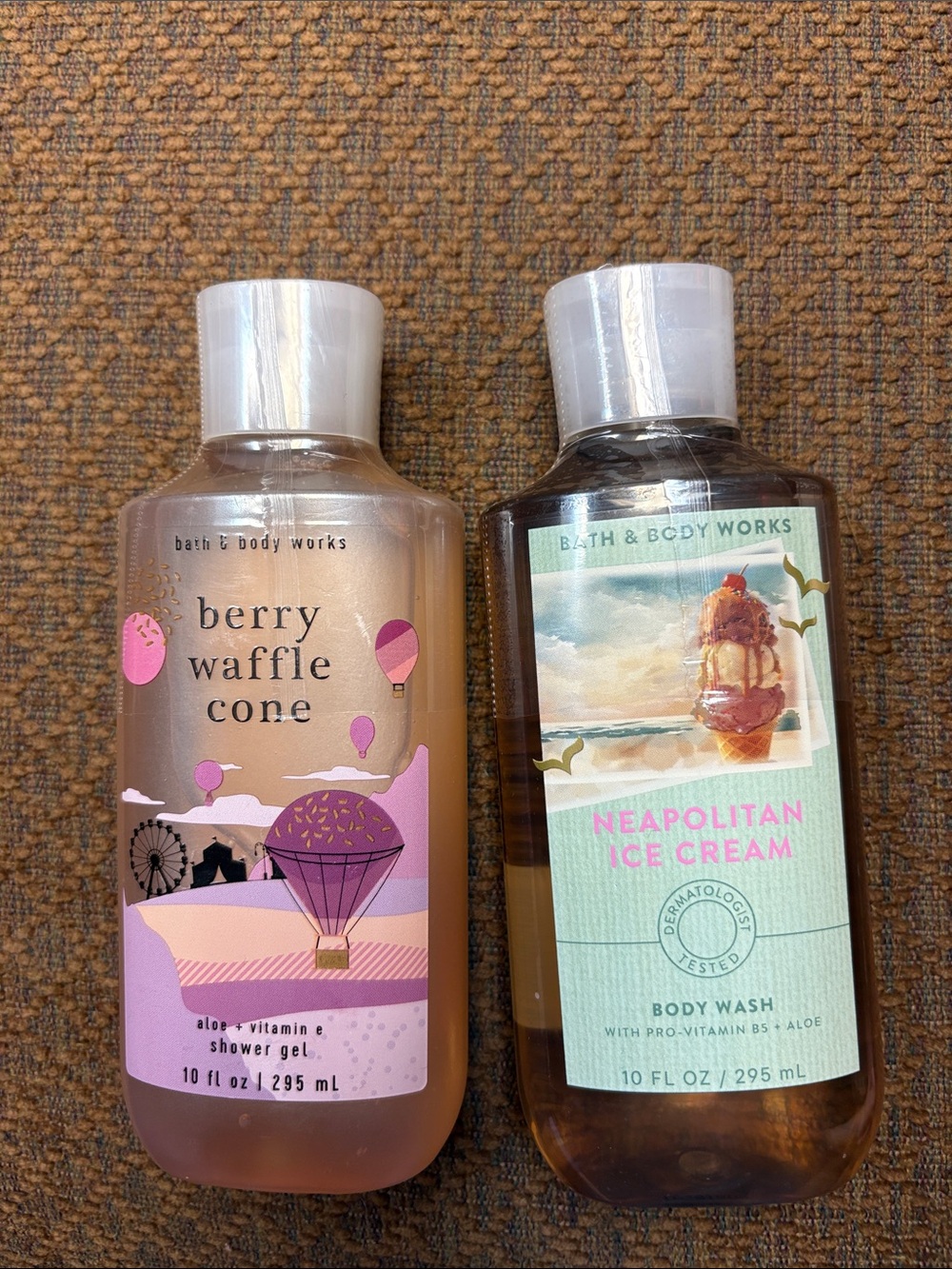 Bath and body shower gel set in berry waffle cone and Neapolitan ice cream